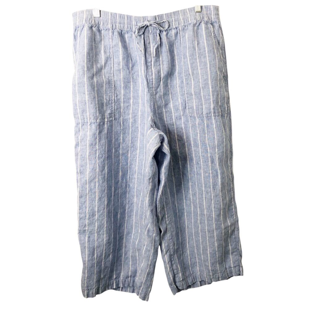 Lands' End Women's Petite High Rise Blue Stripe Linen Wide Leg Crop Pants LP